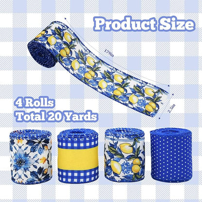 4 Rolls Lemon Wired Edge Ribbon - 2.5 Inch Wide, 20 Yards Total, Summer Yellow Lemon Print Wired Edge Set, Fashionable Grosgrain Craft Ribbon for Gift Wrapping, Hair Bundles, Party Decorations