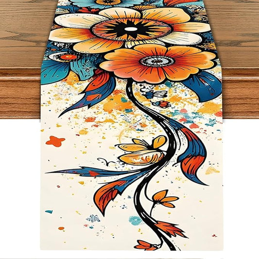 Abstract Eye Flower Table Runner – Vibrant Colorful Art Print, 13x72 Inch Linen-Look Fabric for Dining Table, Kitchen, Boho Home Decor, Psychedelic & Artistic Centerpiece Accent