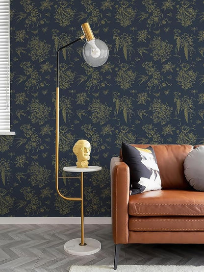 Floral Birds Wallpaper Peel and Stick Dark Blue Contact Paper 16.9”x 118.1” Vintage Floral Self Adhesive Removable Wallpaper Flower Birds Wall Paper for Bathroom Kitchen Decor Vinyl