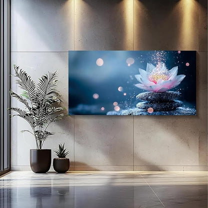 Iallbin Buddha Wall Art & Zen Wall Decor White Lotus on Water Canvas Painting - for Yoga Meditation Room, Spa & Bathroom, Iallbin Zen Stone Wall Art & Zen Wall Decor, Single Luminous Lotus Flowe Spiritually Uplifting Quality -for Yoga Meditation Room, ...