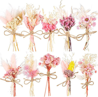 10 Pack Mini Dried Flower Bouquets Pink Series Natural Small Dry Flowers with Stem Boho Wedding Decor Artificial Floral Embossing Flower Bundles for Craft Vase, Table Centerpieces, Proposal Bouquet
