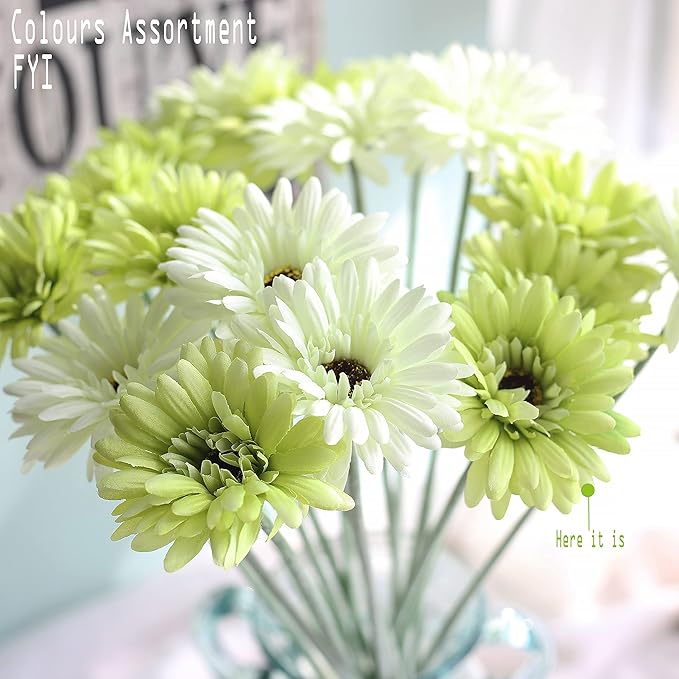 12pcs Artificial Gerbera Daisies,22 Inch Long Stem Silk Daisy Flowers,Realistic Artificial Flower Mums for Home Décor Centerpiece Wreath Supplies Wedding Bouquet,Green