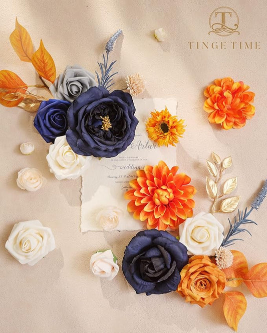 TINGE TIME Artificial Flowers Burnt Orange & Navy Blue Flower Combo for DIY Wedding Bouquets Table Centerpieces Arrangements Party Baby Shower Home Fall Decorations