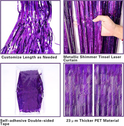 2 Pack 3.2ft x 8.2ft Purple Metallic Tinsel Foil Fringe Curtains, Large Photo Booth Backdrop Streamer Curtain for Party Door Wall Curtains Wedding Bachelorette Birthday Christmas New Year Decorations