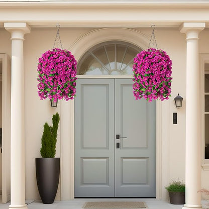 Artificial Faux Hanging Flowers Basket for Spring Summer Outdoor Porch Decoration, Fake Silk Colorful Morning Glory Eucalyptus in Planter UV Resistant for Home Balcony Yard(Red Purple)