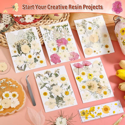 Dried Pressed Flowers for Resin, Real Pressed Flowers Dry Leaves Bulk Natural Herbs Kit for Scrapbooking DIY Art Crafts Epoxy Resin Jewelry Mold Candle Soap Making Nails Décor (White & Pink Floral)