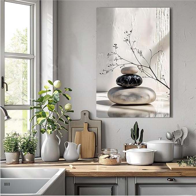 Gray and black stone pile and dried flowers poster canvas wall art in harmony Minimalist wall art for tranquil homes and mindful spaces 24x36in Frameless