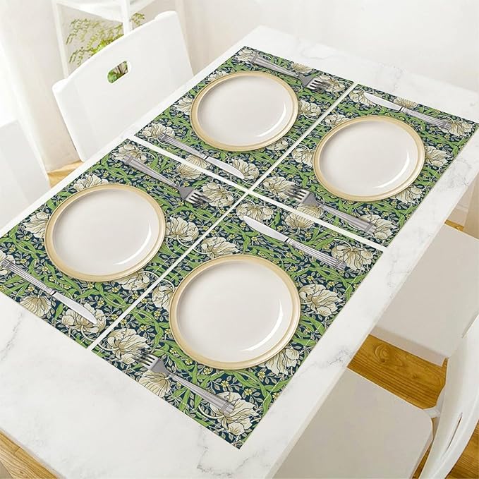 William Morris Placemats Farmhouse Sage Vintage Floral Art Printed Dining Table Mats Set of 4 for Home Kitchen Holiday Picnic Party Decoration 12x18in