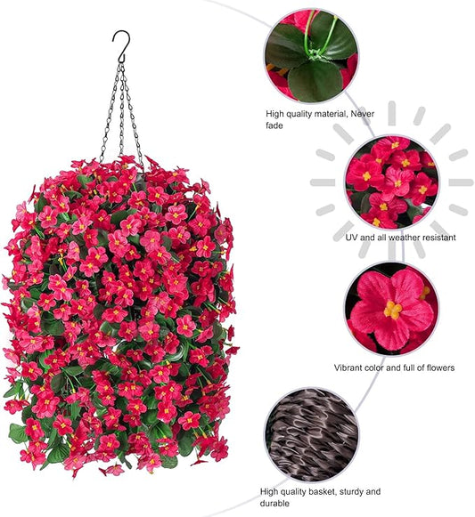 Artificial Fake Hanging Flowers Plants Baskets for Outdoor Outside Porch Decoration, Faux Silk Hotpink Realistic UV Resistant Orchid Long Vines in Planter for Spring Summer Home Patio Balcony
