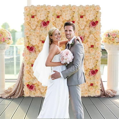 3D Flower Wall Backdrop - 12Pcs Artificial Flower Wall Panel 15 * 15inch Decoration Champagne and Red Roses Wall for Home Party Wedding Anniversary Birthday