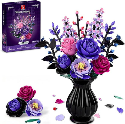 Flowers Bouquet Building Set - Purple Roses Botanical Collection Building Blocks for Adult Women, Artificial Flowers Gothic Home Decor Christmas Birthday Gift for Adults Kids Girls 6-12