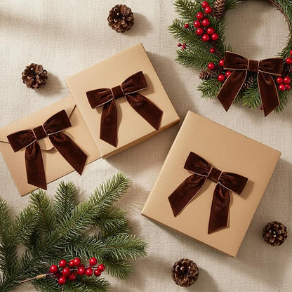 30 Pcs Velvet Ribbon Bows 5" x 4" Pre Tied Christmas Velvet Bows with Twist Tie for Gift Packaging Christmas Tree Wreaths Door Windows Wedding Party Decoration(Brown)