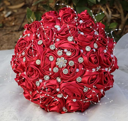 Bridal Wedding Bouquet Round Bling Brooch Bouquet Throw Toss Artificial Rose Flower Bunch for Bride Bridesmaid Wedding Quinceanera(Ruby Red, 9.8")