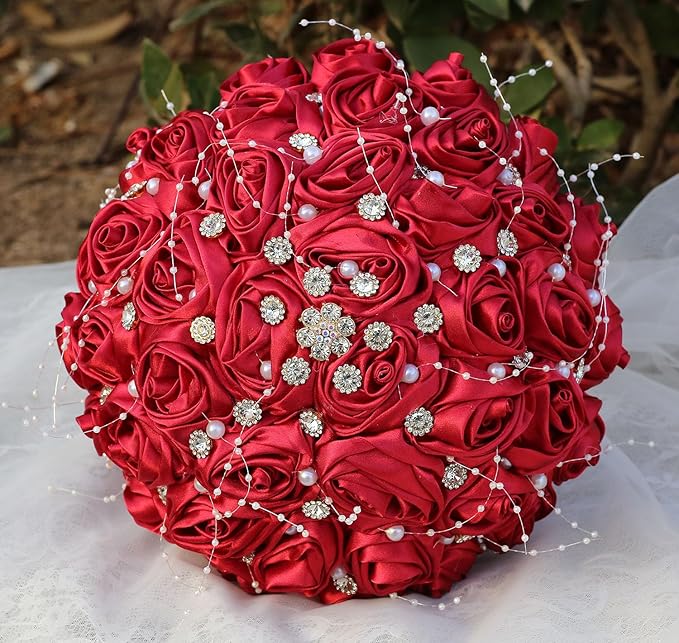 Bridal Wedding Bouquet Round Bling Brooch Bouquet Throw Toss Artificial Rose Flower Bunch for Bride Bridesmaid Wedding Quinceanera(Ruby Red, 8.7")