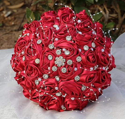 Bridal Wedding Bouquet Round Bling Brooch Bouquet Throw Toss Artificial Rose Flower Bunch for Bride Bridesmaid Wedding Quinceanera(Ruby Red, 6.3")