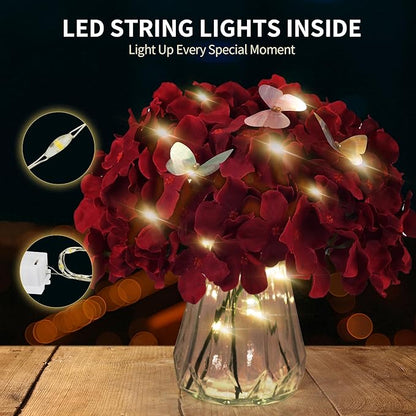 64PCS Artificial Hydrangea Flowers with Stems, Silk Hydrangea Heads with LED Decorative Lights, Crystal Strings & Butterfly Accents for Wedding Centerpieces and Home Decor(64, Burgundy)