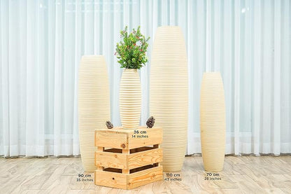 Leewadee Large Cream Home Decor Floor Vase – Wooden 28 inches Tall Farmhouse Decor Flower Holder for Fake Plant and Pampas Grass