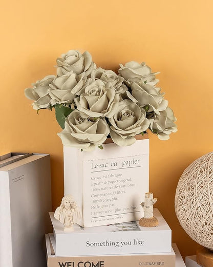 DuHouse 10pcs Silk Roses Artificial Flowers Fake Rose for Arrangement Wedding Party Home Decoration (Sand)