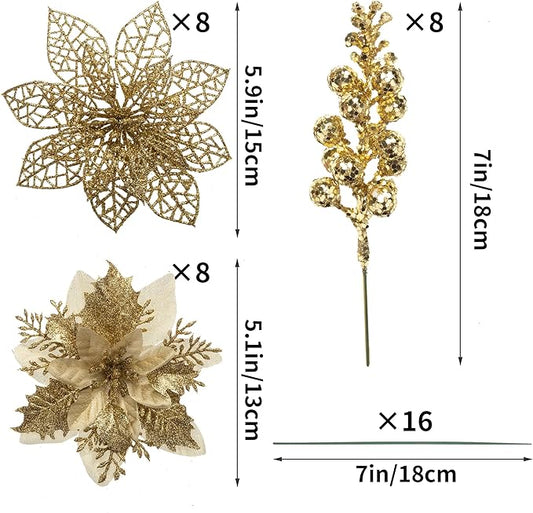 24Pcs Christmas Poinsettia Artificial Flowers and Glitter Berries Kit, 2 Styles Total 16Pcs Christmas Tree Flowers Ornaments, 8Pcs Christmas Tree Picks for Wedding Holiday Decorations, Gold