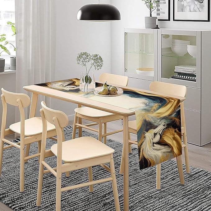 Marble Horse Table Runner, Dark Green Brown Marble Abstract White Horses Gold Natural Texture Dinner Runner Table Decoration for Home Kitchen Dining Holiday Party 13x36in