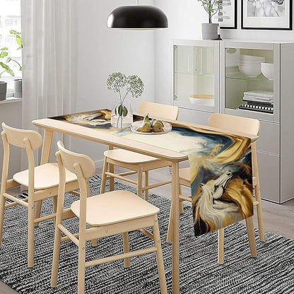 Marble Horse Table Runner, Dark Green Brown Marble Abstract White Horses Gold Natural Texture Dinner Runner Table Decoration for Home Kitchen Dining Holiday Party 13x120in