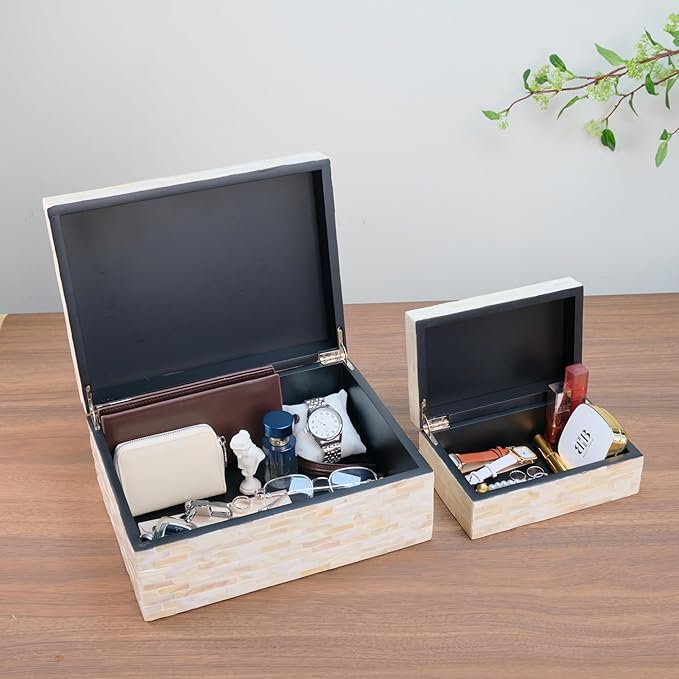 PEMAR Set of 2 Mother of Pearl Decorative Boxes w Lids, Handmade Mosaic Keepsake Jewelry Box Rectangular Treasure Chest, Shelf Decorative Wooden Box for Memory Tea Bags Coffee Accessories (White)