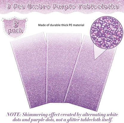 FunnyPars 3 Pack Ombre Purple Plastic Tablecloth for Parties, Gradient Pastel Disposable Rectangle Table Cover, Wedding Birthday Anniversary Decor, 54x108 Inch