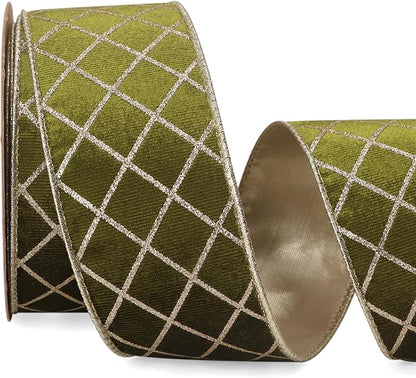 Ribbli Moss Green Velvet Ribbon Wired with Glitter Diamond Grid 2-1/2 Inch Christmas Ribbon for Christmas Tree Decoration Big Bow Gift Wrapping Crafts Wreaths Garland Supplies - 10 Yards