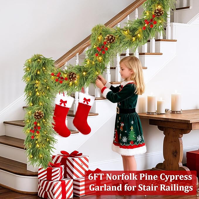 6 Ft by 10 Inch Prelit Christmas Garland with Lights Timer 8 Modes, Real Touch Norfolk Pine Garland 100 Pine Cypress Tips Pinecones Berried Cedar Garlands Thick Greenery Garlands for Home Table Mantle