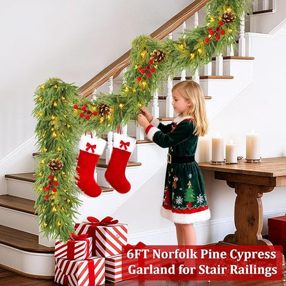 6 Ft by 10 Inch Prelit Christmas Garland with Lights Timer 8 Modes, Real Touch Norfolk Pine Garland 100 Pine Cypress Tips Pinecones Berried Cedar Garlands Thick Greenery Garlands for Home Table Mantle