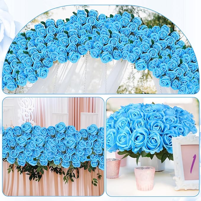 80 Pcs Roses Artificial Flowers, Silk Sky Blue Artificial Flowers Petals Long Stem Roses for Wedding Bouquet Home Party Decor