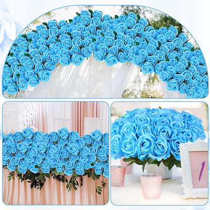 80 Pcs Roses Artificial Flowers, Silk Sky Blue Artificial Flowers Petals Long Stem Roses for Wedding Bouquet Home Party Decor