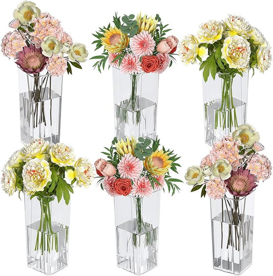 Asking 6 Pack Tall Square Acrylic Flower Vase, Clear Plastic Centerpiece Vases for Table, 4" x 4" x 9"