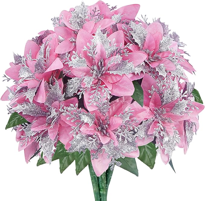 4 Pcs Artificial Poinsettia Flowers Christmas Flowers Ornaments Glitter Faux Flowers 5 Stem Poinsettia Floral with Stem Leaf for Home Party Christmas DIY Craft Holiday Decor（Pink）