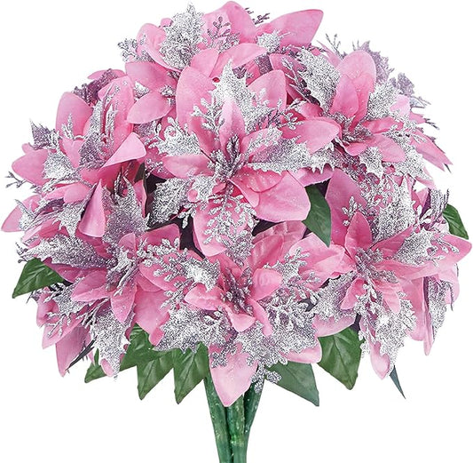 4 Pcs Artificial Poinsettia Flowers Christmas Flowers Ornaments Glitter Faux Flowers 5 Stem Poinsettia Floral with Stem Leaf for Home Party Christmas DIY Craft Holiday Decor（Pink）