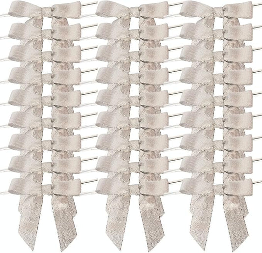 50pcs 2-1/2" Metallic Satin Silver Bows for Crafts Pretaied Christmas Bows with Twist Ties Hot Cut Tails for Christmas Decoration (Silver)