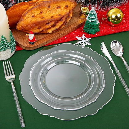 Liacere 150PCS Clear Silver Plastic Plates & Disposable Silver Plastic Silverware with Glitter Bamboo Handle Cutlery-Baroque Clear Disposable Plates for Wedding & Easter day & Mother's Day