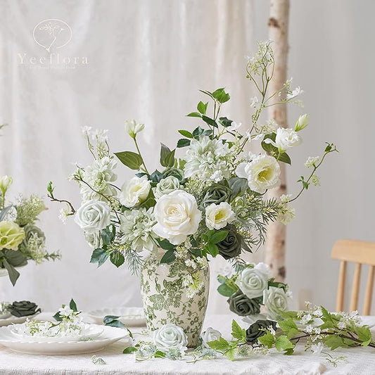 Artificial Flowers, 25pcs Artificial Rose for DIY Wedding Bouquets Centerpieces Arrangements, Sage Green and White Foam Flowers with Stem for Bridal Shower Party Home Decorations