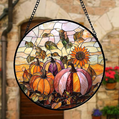 Stained Glass Window Hanging, Pumpkin Sunflower Suncatcher Diamond Glass Panel Sun Catchers Decor for Birthday for Women, Men, Wife, Aunt, and Mom 11.8x11.8 in