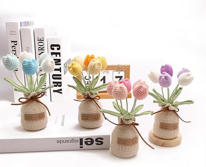 Handmade Tulips, Artificial Plant Crochet Flowers， Tulips Suitable for Home Room, Table, Office Ornaments and Birthday Gifts Suitable for Family and Friends Anniversary (5 Flowers-Yellow)
