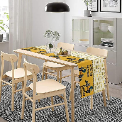 Cartoon Car Table Runner,Boys Kids Construction Vehicles Truck Yellow Print Tablecloth Burlap for Hotel Indoors Outdoor Dining Room Kitchen Home Decor,W13X L36 in