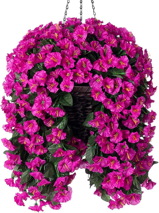 HyeFlora Artificial Fake Hanging Flowers Plants Baskets for Outdoor Outside Decoration, Faux Silk UV Resistant Realistic Fuchsia Morning Glory Planter for Home Porch Patio Balcony Garden Yard