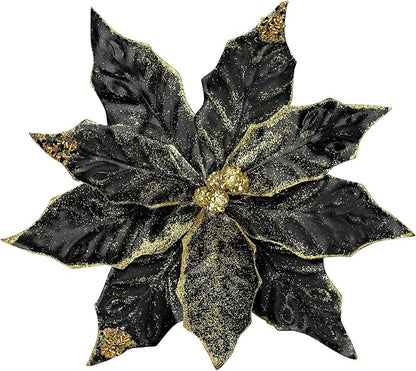 DILATATA 3 Pcs Artificial Christmas Flowers 11 Inch Glitter Poinsettia Picks Christmas Tree Ornaments Topper Decorations Black Poinsettias Flowers for Xmas New Year Wreath Garland Wedding Party Decor