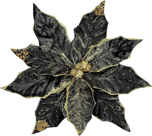DILATATA 3 Pcs Artificial Christmas Flowers 11 Inch Glitter Poinsettia Picks Christmas Tree Ornaments Topper Decorations Black Poinsettias Flowers for Xmas New Year Wreath Garland Wedding Party Decor