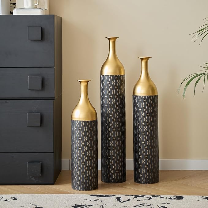 Metal Floor Vases Decorative Tall, Set of 3 Flower Arrangement Stand, Gold＆Black Metal Floor Vases for Living Room Corner, Entryway & Bedroom, 34", 30", 24.8" H (Gold＆Black)