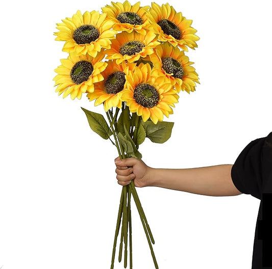 Artificial Sunflowers Flowers 8pcs Single Long Stem Large Faux Silk Sunflower Flower Bouquets for Wedding Party Bulk Yellow Centerpieces Home Decor