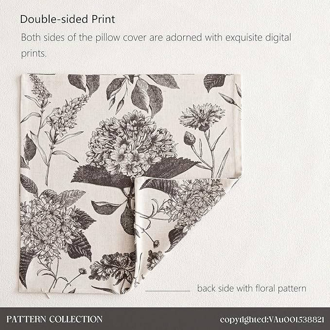 Foindtower Set of 2 Linen Floral Vintage Throw Pillow Covers Neutral Accent Print Decorative Cushion Covers Farmhouse Boho Home Decor for Sofa Chair Couch Bedroom Living Room,24×24 Inch,Black