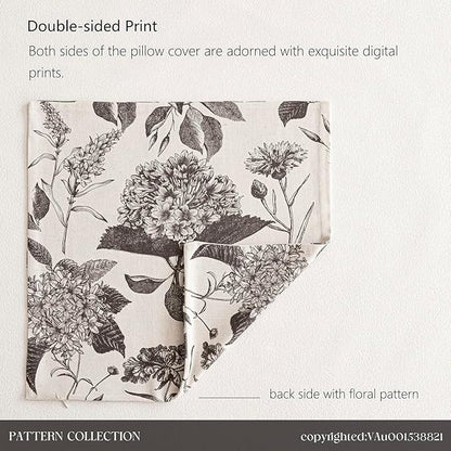 Foindtower Set of 2 Linen Floral Vintage Throw Pillow Covers Neutral Accent Print Decorative Cushion Covers Farmhouse Boho Home Decor for Sofa Chair Couch Bedroom Living Room,22×22 Inch,Black
