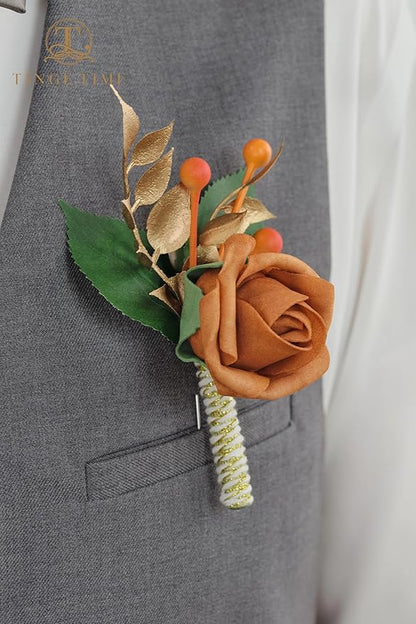 TINGE TIME Boutonniere for Men Wedding,Groom and Best Man Boutonniere for Wedding Ceremony Anniversary, Formal Dinner Party and Rustic Spring Wedding Marriage (2, BurntOrange)