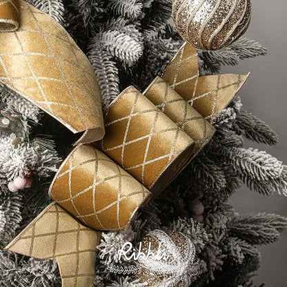 Ribbli Champagne Gold Velvet Ribbon Wired with Glitter Diamond Grid 4 Inch Christmas Ribbon for Christmas Tree Decoration Big Bow Gift Wrapping Crafts Wreaths Garland Supplies - 10 Yards